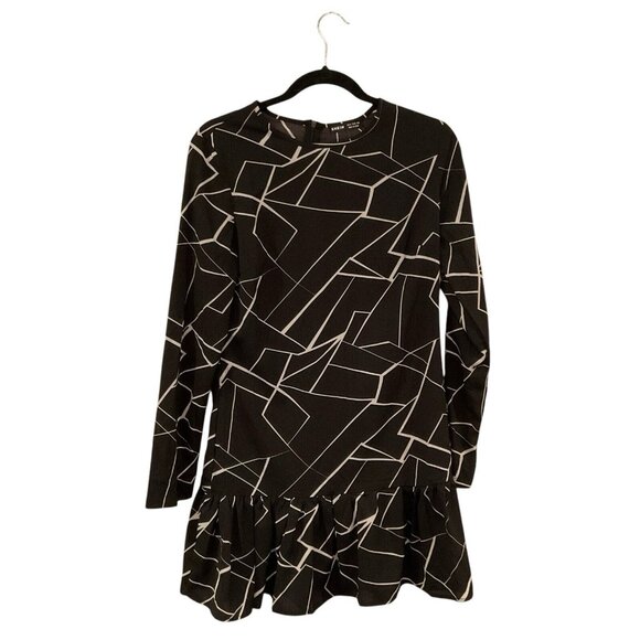Shein Geometric Round Neck Black White Line Pattern Long Sleeve Dress Ruffle M - Picture 1 of 13